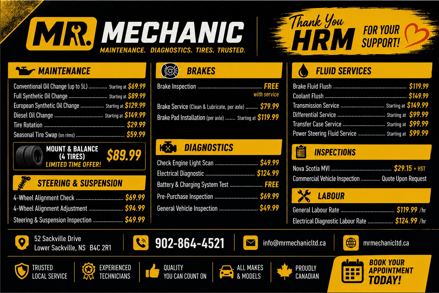 Mr. Mechanic service price list